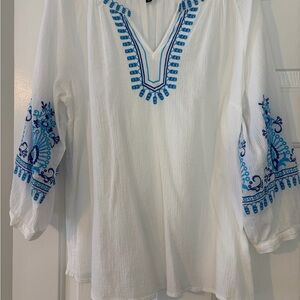 Embroidered White and Blue Women's Top